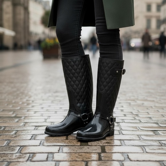 Stuart Weitzman Black Leather & Rubber Stirrup Rain Boots Size 39 (Size 8.5) - Picture 5 of 16